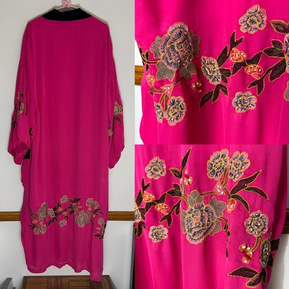 Free People hot pink embroidered floral long kimono size XS/S - Picture 14 of 16